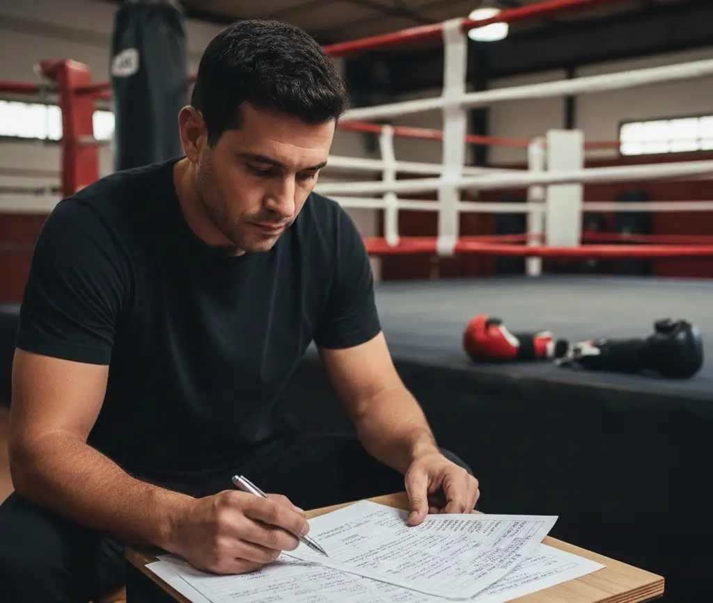 Análisis técnico boxeadores apuestas entrenador revisando notas táctica combate