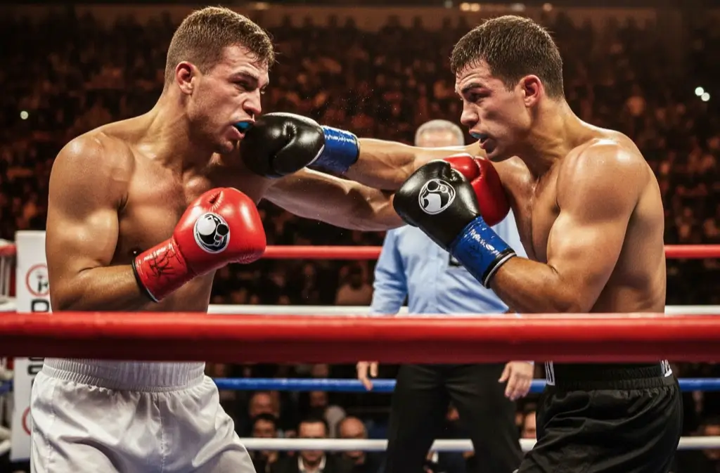 Boxeadores en pleno combate en un ring profesional con el árbitro y el público en directo