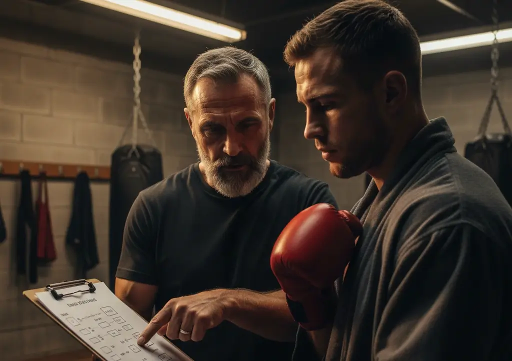 Entrenador y boxeador analizando la táctica de combate en el vestuario antes de una pelea