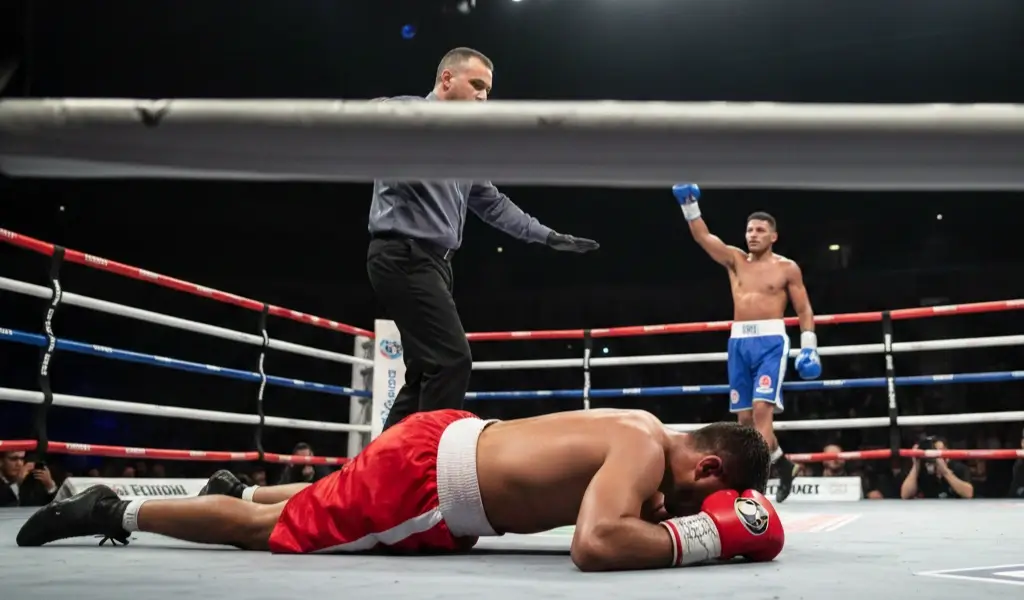 Árbitro contando a boxeador caído al canvas en combate de boxeo profesional