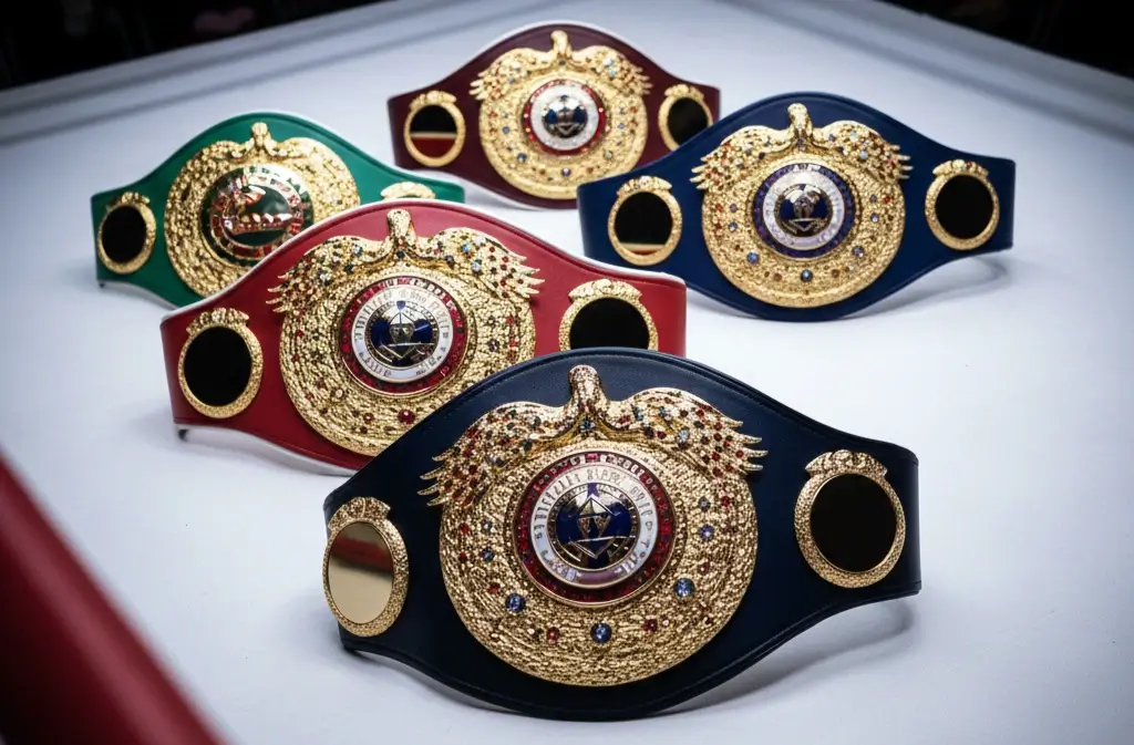 Cinturones de campeón del mundo de boxeo representando las organizaciones WBC, WBA, IBF y WBO sobre el ring