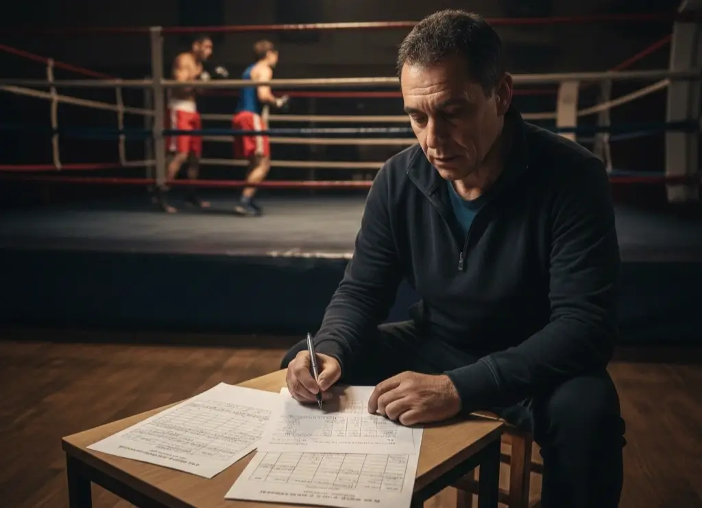 Pronósticos boxeo predicciones análisis entrenador con libreta de anotaciones frente al ring